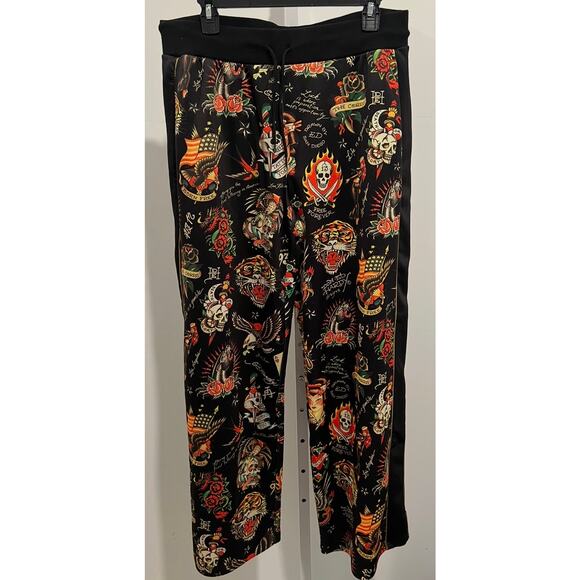 Ed Hardy Flashboard Wide Leg Track Pant Black Gold Tiger Skull Dragon Size L - Picture 1 of 4